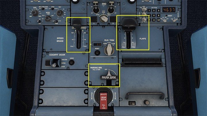 Tylna część cokołu to dźwignia hamulców aerodynamicznych SPEED BRAKE - pomagają one choćby w sytuacji, gdy trzeba szybko wytracić wysokość - Flight Simulator: Samolot pasażerski - kokpit - Microsoft Flight Simulator 2020 - poradnik do gry
