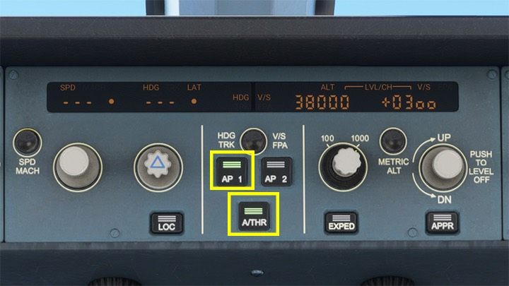 Najważniejszym przyciskiem jest AP 1 służący do włączania autopilota - Flight Simulator: Samolot pasażerski - autopilot - Microsoft Flight Simulator 2020 - poradnik do gry