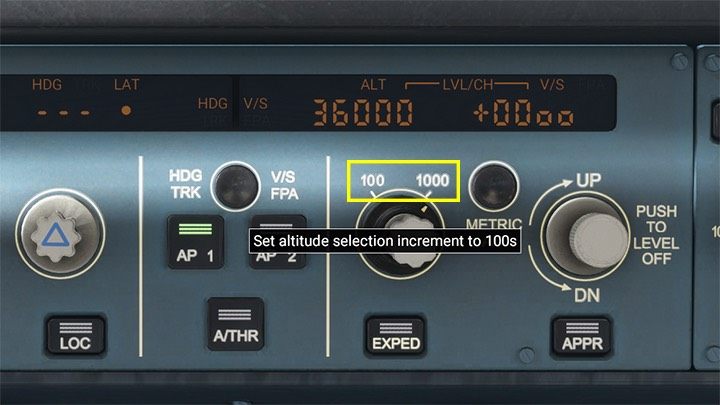 Kliknięcie na obwódce przycisku ustawia regulowanie wysokości pokrętłem co 100 lub co 1000 stóp - Flight Simulator: Samolot pasażerski - autopilot - Microsoft Flight Simulator 2020 - poradnik do gry