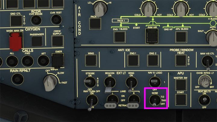 Na panelu Overhead przełączcie światła NOSE na pozycję do startu T - Flight Simulator: Samolot pasażerski - kołowanie i start - Microsoft Flight Simulator 2020 - poradnik do gry