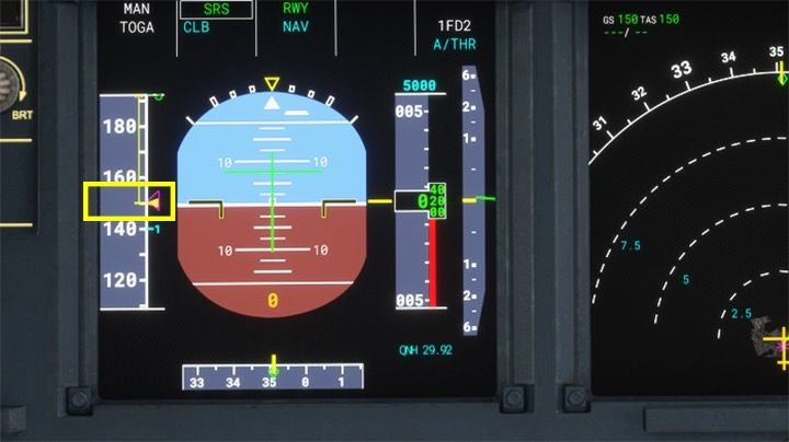 Różowy trójkąt na wskaźniku prędkości oznacza wyliczoną z komputera prędkość Vr, czyli do poderwania się w górę - Flight Simulator: Samolot pasażerski - kołowanie i start - Microsoft Flight Simulator 2020 - poradnik do gry