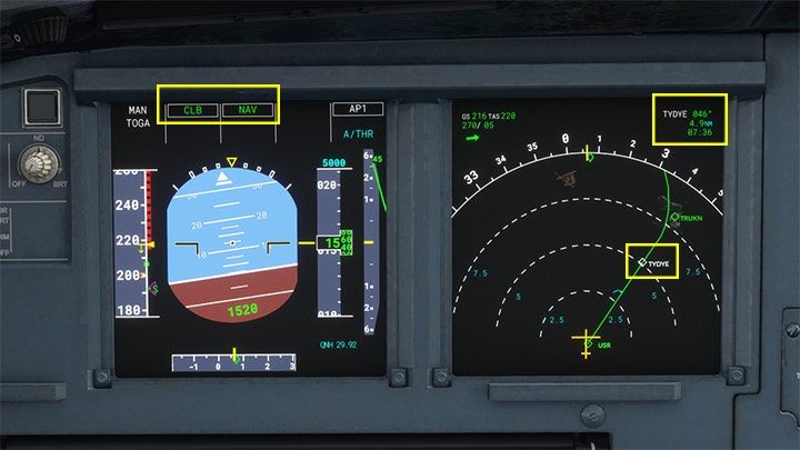 Prawidłową pracę autopilota potwierdzają oznaczenia NAV i CLB (Climb) na monitorze PFD oraz fakt, że samolot zaczął skręcać w kierunku kolejnego punktu nawigacyjnego - Flight Simulator: Samolot pasażerski - kołowanie i start - Microsoft Flight Simulator 2020 - poradnik do gry