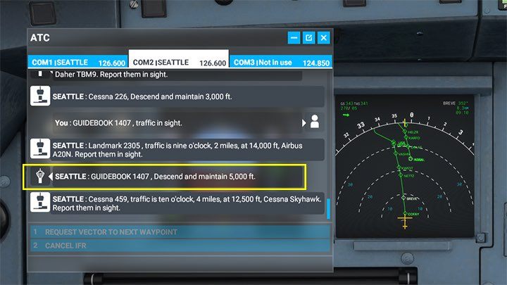 Kontroler ATC sterowany przez SI wyśle komunikat o zmianie wysokości przed lądowanie, ale warto pilnować, czy nie robi tego w złym momencie. - Flight Simulator: Zniżanie samolotu pasażerskiego - kiedy rozpocząć? - Microsoft Flight Simulator 2020 - poradnik do gry