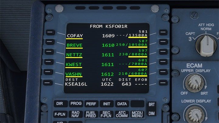 Bardzo pomocny jest tutaj plan lotu w komputerze MCDU pod przyciskiem F-PLN - Flight Simulator: Zniżanie samolotu pasażerskiego - kiedy rozpocząć? - Microsoft Flight Simulator 2020 - poradnik do gry