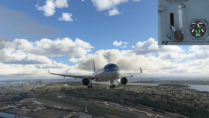 Przy odległości 9 mil (minimalnie 7 mil) od pasa wysuńcie podwozie klawiszem G na klawiaturze lub dźwignią na środku panelu instrumentów - Flight Simulator: Samolot pasażerski - lądowanie ILS - Microsoft Flight Simulator 2020 - poradnik do gry