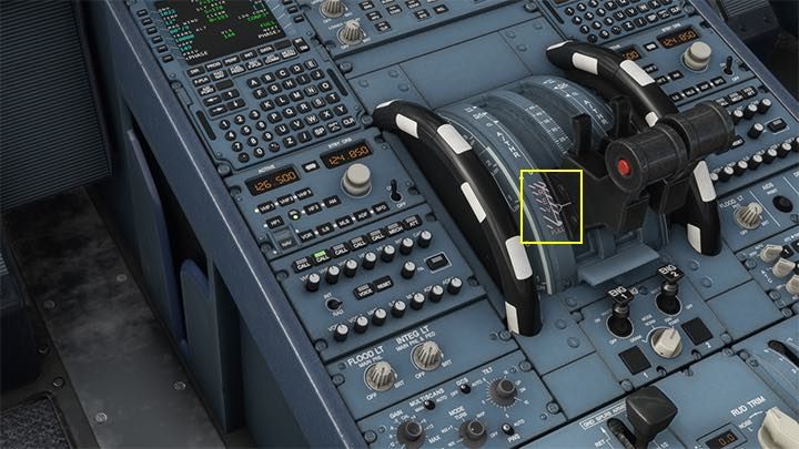 Gdy samolot znajdzie się na pasie, ustawcie przepustnice na ciąg wsteczny, czyli czerwone pole oznaczone jako REV - Flight Simulator: Samolot pasażerski - lądowanie ILS - Microsoft Flight Simulator 2020 - poradnik do gry