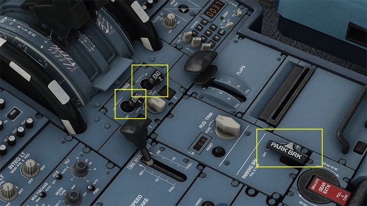 Pozostało już tylko zaciągnąć hamulec postojowy PARK BRK i wyłączyć silniki kierując obie dźwignie w dół - Flight Simulator: Samolot pasażerski - lądowanie ILS - Microsoft Flight Simulator 2020 - poradnik do gry