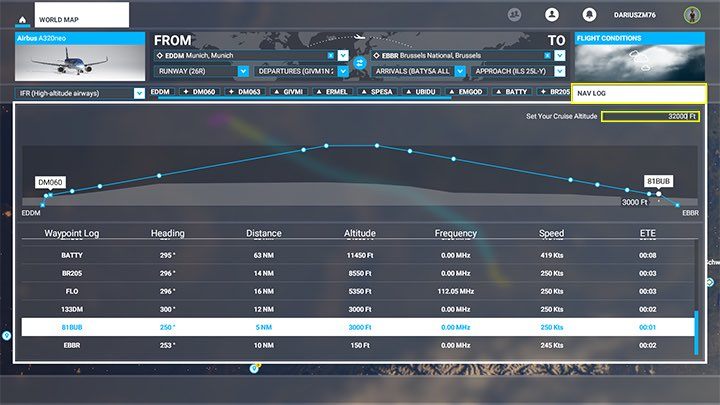 Klikając NAV LOG po prawej strony można wyświetlić przekrój planu lotu z profilu wysokości przewidzianej dla każdego punktu nawigacyjnego - Flight Simulator: Plan lotu samolotu pasażerskiego - jak stworzyć? - Microsoft Flight Simulator 2020 - poradnik do gry