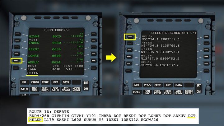 Punkt HELEN jest również poprzedzony DCT, a więc wpisuje się go w ten sam sposób, co poprzednie - Flight Simulator: Komputer pokładowy MCDU - jak zaprogramować? - Microsoft Flight Simulator 2020 - poradnik do gry