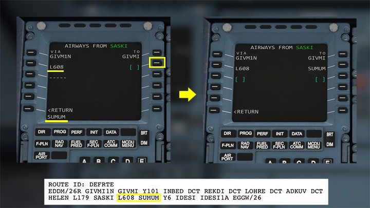 W znany już sposób wprowadzamy kod korytarza powietrznego L608 opcją po lewej stronie ekranu - Flight Simulator: Komputer pokładowy MCDU - jak zaprogramować? - Microsoft Flight Simulator 2020 - poradnik do gry
