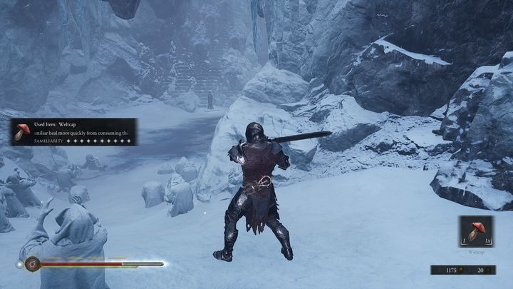 Dalej znajdziesz mroźne rzeźby, obok nich znajdują się przedmioty, podnieś 3x Glimpse of Futility oraz 2x Spectral Token - Mortal Shell: Crypt of Martyrs solucja, opis przejścia - Mortal Shell - poradnik do gry