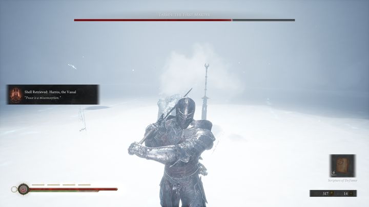 Tarsus od czasu do czasu wbija miecz w lód, po czym tworzy mroźną aurę wokół siebie - Mortal Shell: Tarsus, the First Martyr boss, jak pokonać - Mortal Shell - poradnik do gry