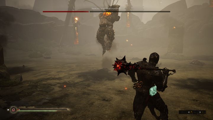 Imrod potrafi również zaatakować cię płomieniem, który wydobywa się z jego hełmu - Mortal Shell: Imrod, the Unrepentant boss, jak pokonać - Mortal Shell - poradnik do gry