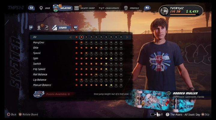 Podstawowe umiejętności można rozwijać dzięki zdobytym punktom - Tony Hawks Pro Skater 1+2: Rodney Mullen - umiejętności, wyzwania - Tony Hawks Pro Skater 1+2 - poradnik do gry