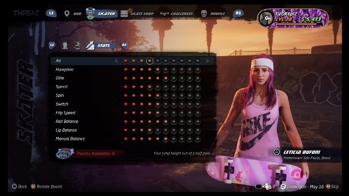Podstawowe umiejętności można rozwijać dzięki zdobytym punktom - Tony Hawks Pro Skater 1+2: Leticia Bufoni - umiejętności, wyzwania - Tony Hawks Pro Skater 1+2 - poradnik do gry