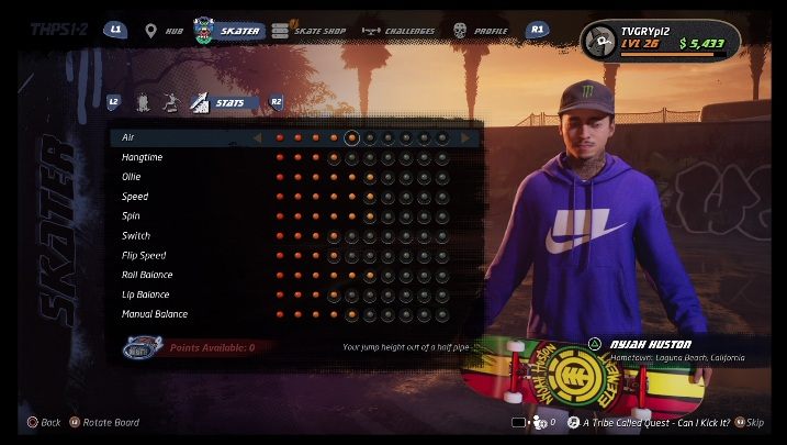 Podstawowe umiejętności można rozwijać dzięki zdobytym punktom - Tony Hawks Pro Skater 1+2: Nyjah Huston - umiejętności, wyzwania - Tony Hawks Pro Skater 1+2 - poradnik do gry