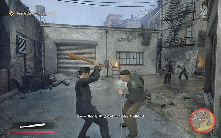 Przystąp do walk wręcz, w trakcie których warto korzystać z otrzymanego wcześniej kija bejsbolowego - Mafia Definitive Edition: Lepiej się przyzwyczajaj - solucja - Mafia 1 Definitive Edition - poradnik, solucja