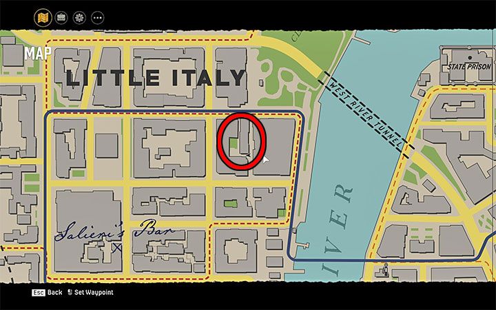 Magazyn możesz odnaleźć w pokazanym na obrazku miejscu na terenie dzielnicy Little Italy, na północny-wschód od baru Salieriego - Mafia Definitive Edition: Magazyny Black Mask - sekret, znajdźka - Mafia 1 Definitive Edition - poradnik, solucja