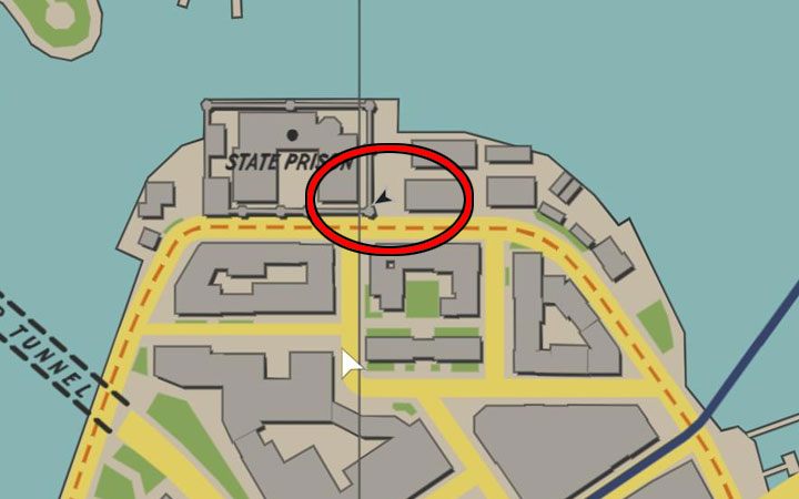 Miejsce odnalezienia tego komiksu zaznaczyliśmy na powyższym obrazku - jest to wschodni kraniec terenu zajmowanego przez stare więzienie Lost Heaven State Prison z dzielnicy Central Island - Mafia Definitive Edition: Komiksy Gangsters Monthly - sekret, znajdźka - Mafia 1 Definitive Edition - poradnik, solucja