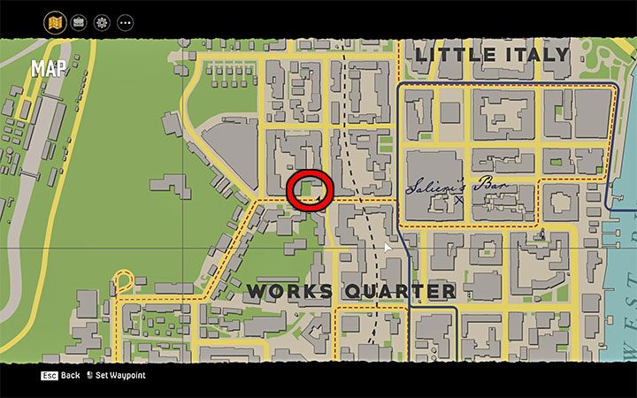 Komiks możesz znaleźć w zaznaczonym na powyższym obrazku obszarze - na zachód od baru Salieriego z dzielnicy Little Italy i na północ od dzielnicy Works Quarter - Mafia Definitive Edition: Komiksy Gangsters Monthly - sekret, znajdźka - Mafia 1 Definitive Edition - poradnik, solucja