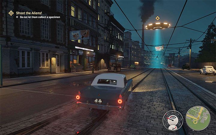 Tuż po rozpoczęciu wyzwania nad Tommym pojawi się latający spodek - Mafia Definitive Edition: Alien Infiltration - solucja - Mafia 1 Definitive Edition - poradnik, solucja