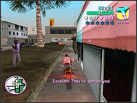 Gdy zobaczysz samochody blokujące drogę, skręcacz w lewo i wjeżdżasz pomiędzy budynek a podwyższenie - Two Bit Hit Avery Carrington - Grand Theft Auto: Vice City - poradnik do gry