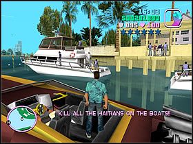 Podpłyniecie w okolicę z dwoma łodziami Haitańczyków, które musisz wyeliminować (zdejmij ludzi lub strzelaj w łodzie, by je zniszczyć) - Naval Engagement- Bonus Umberto Robina - Grand Theft Auto: Vice City - poradnik do gry