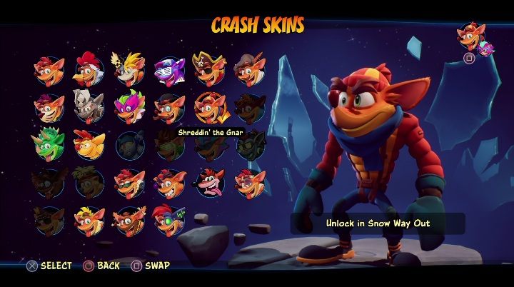 Sposób odblokowania: zdobycie 6 diamentów na poziomie Śnieżny spacer - Crash 4: Crash - skórki, jak odblokować - Crash Bandicoot 4 - poradnik, solucja
