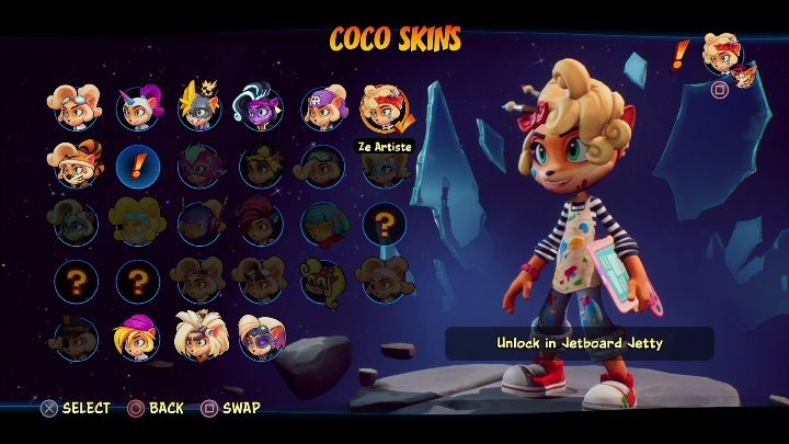 Sposób odblokowania: zdobycie 6 diamentów na poziomie Jetboard - Crash 4: Coco - skórki, jak odblokować - Crash Bandicoot 4 - poradnik, solucja