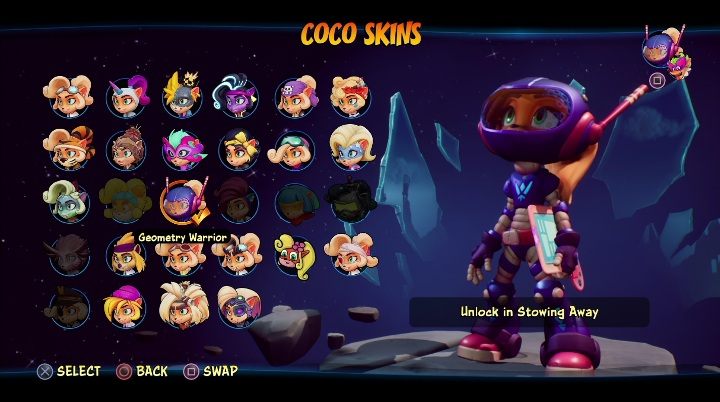 Sposób odblokowania: zdobycie 9 diamentów na poziomie Pasażer na gapę - Crash 4: Coco - skórki, jak odblokować - Crash Bandicoot 4 - poradnik, solucja