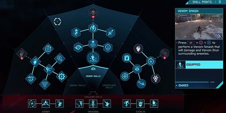 Zakładkę Umiejętności znajdziesz w menu głównym po wciśnięciu touchpada - Spider-Man Miles Morales: Rozwój postaci - Spider-Man Miles Morales - poradnik, solucja