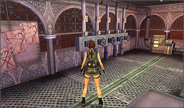 Masz do wyboru pięć zaworów i zgodnie ze wskazówkami na tablicy, musisz przekręcić (licząc od lewej): pierwszy, drugi i czwarty - [Misja 25] The Bio-Research Facility (cz.2) | Tomb Raider The Angel of Darkness - Tomb Raider: The Angel of Darkness - poradnik do gry