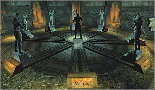 Za każdym z pomników znajduje się łańcuch, którego pociągnięcie powoduje przesunięcie pomnika na środek pomieszczenia - [Misja 29] The Vault of Trophies (cz.2) | Tomb Raider The Angel of Darkness - Tomb Raider: The Angel of Darkness - poradnik do gry