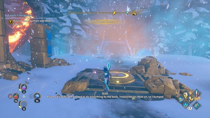 Kawałek dalej, przy płonącym kole, znajduje się dalsza droga - Immortals Fenyx Rising: Sprawa rodzinna - solucja, opis przejścia - Immortals Fenyx Rising - poradnik do gry