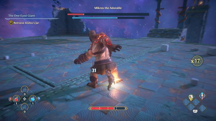 Uważaj jednakże na jego ataki, przy których świeci się na czerwono - Immortals Fenyx Rising: Mikrus Uroczy - boss, jak pokonać? - Immortals Fenyx Rising - poradnik do gry