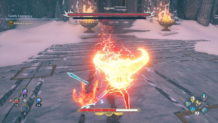 Ligyron bardzo często korzysta z ataku, który zamienia jego tarczę w ognistą głowę Tyfona - Immortals Fenyx Rising: Ligyron - boss, jak pokonać? - Immortals Fenyx Rising - poradnik do gry