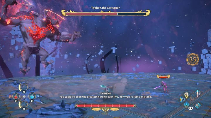 Tyfon może również wzlecieć w powietrze, tworząc podmuchy wiatru, cofając się do tyłu - Immortals Fenyx Rising: Tyfon Niszczyciel - boss, jak pokonać? - Immortals Fenyx Rising - poradnik do gry