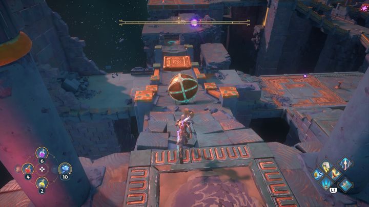 Następnie wróć do pierwszego przycisku, stworzy on kulę, która będzie spadać w dół, do dedykowanego dla niej miejsca - Immortals Fenyx Rising: Szczęki Wojny - solucja, opis przejścia - Immortals Fenyx Rising - poradnik do gry