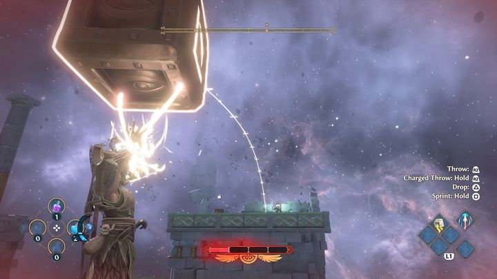 Następnie przerzucaj mniejsze, miedziane bloki blisko krawędzi, które uchronią przed upadkiem bloku (tak jak na zdjęciu) - Immortals Fenyx Rising: Wielka szkoda - solucja, opis przejścia - Immortals Fenyx Rising - poradnik do gry