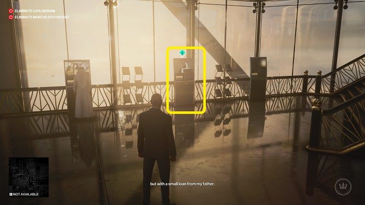 Po wejściu na teren drapacza chmur Burj Al-Ghazali wejdź na wyższe piętro i przejdź przez tłum do terminali po prawej stronie (punkt 6 na mapie) - Hitman 3: How The Mighty Fall - Dubaj, zadania fabularne, solucja - Hitman 3 - poradnik, solucja