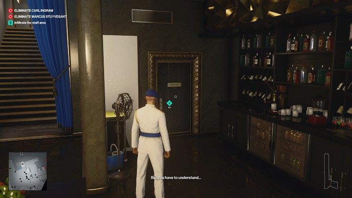 Zejdź do strefy barowej i przejdź przez drzwi za ladą (po lewej stronie) przejdź do pomieszczenia służbowego - Hitman 3 :Trucizna, Dubaj (Burj Al-Ghazali) - jak zdobyć? - Hitman 3 - poradnik, solucja
