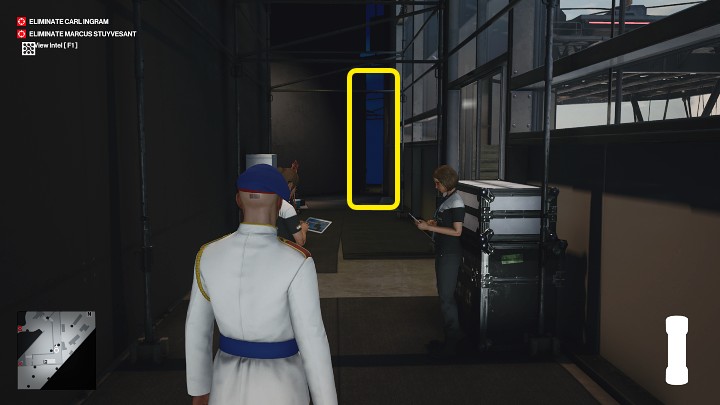 Skręć w lewo i idź przed siebie (pomiędzy dwoma pracownicami) do korytarza na końcu tego pomieszczenia - Hitman 3: Marcus Stuyvesant - jak zabić? Dubaj, solucja, opis przejścia - Hitman 3 - poradnik, solucja