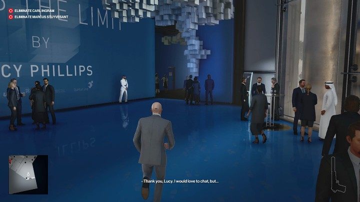 Po rozpoczęciu rozgrywki przejdź przez strefę barową i udaj się do galerii sztuki - Hitman 3: Marcus Stuyvesant - jak zabić? Dubaj, solucja, opis przejścia - Hitman 3 - poradnik, solucja