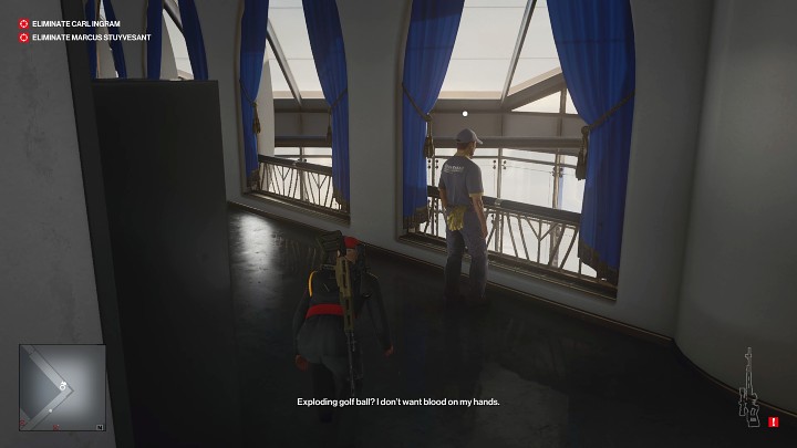Przejdź przez serwerownie do wąskiego korytarza i obezwładnij mężczyznę widocznego na powyższym obrazku - Hitman 3: Marcus Stuyvesant - jak zabić? Dubaj, solucja, opis przejścia - Hitman 3 - poradnik, solucja