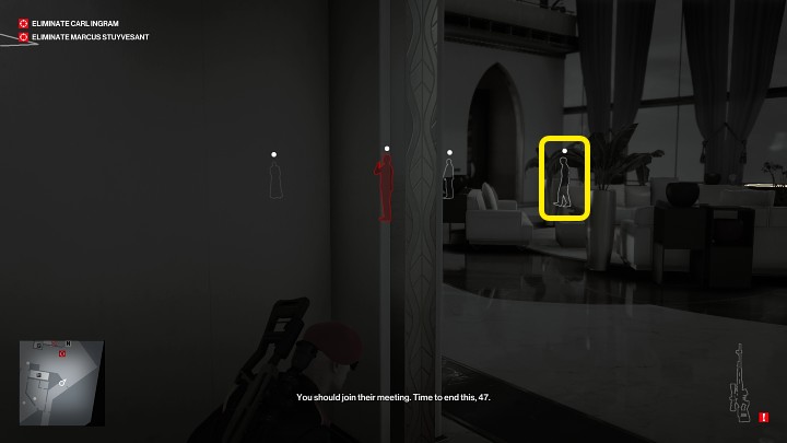 Idź przed siebie, aż dotrzesz do głównego salonu w apartamencie (penthouse) - Hitman 3: Marcus Stuyvesant - jak zabić? Dubaj, solucja, opis przejścia - Hitman 3 - poradnik, solucja