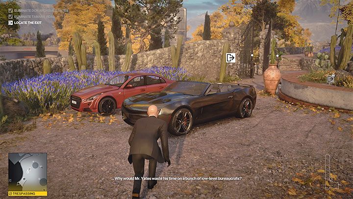 Do ucieczki może zostać użyty czarny kabriolet, który stoi zaparkowany na dziedzińcu przed posiadłością (punkt 45 na mapie) - Hitman 3: Mapa, Mendoza - jak opuścić? - Hitman 3 - poradnik, solucja