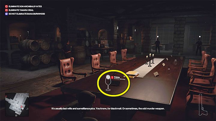 Z trucizną musisz przekraść się do piwnicy willi (punkt 43 na mapie) i użyć jej na kieliszku zaznaczonym na dołączonym obrazku - Hitman 3: Closing Statement, Mendoza - solucja, opis przejścia, jak odblokować? - Hitman 3 - poradnik, solucja