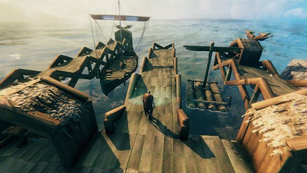Пример порта с пришвартованным Langskip и плотом. - Valheim: Корабли - список, как построить - Valheim Game Guide