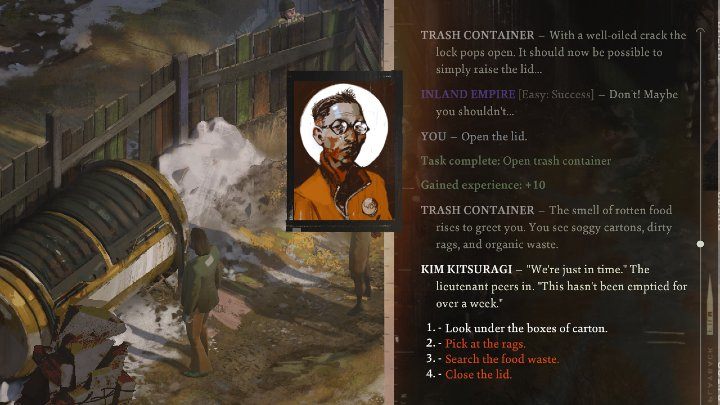 W kontenerze znajdziecie stare ubrania powieszonego mężczyzny i dwa dodatkowe przedmioty - Disco Elysium: Otwórz pojemnik na śmieci - solucja, opis przejścia - Disco Elysium - poradnik do gry