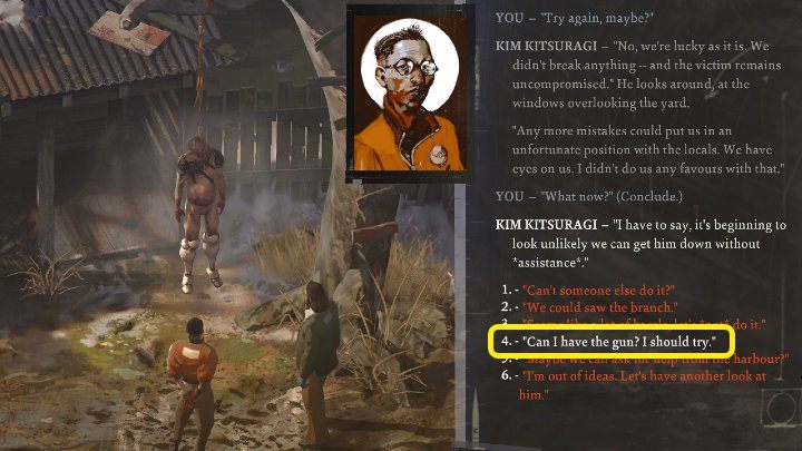 Próba Kima niestety się nie powiedzie, więc musicie wziąć sprawy w swoje ręce - wybierzcie opcję dialogową Can I have the gun - Disco Elysium: Ściąganie ciała - solucja, opis przejścia - Disco Elysium - poradnik do gry